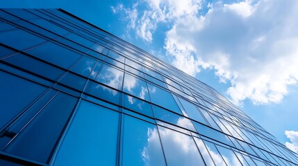 Wall Mural - Modern Glass Office Building with Reflections of Blue Sky and White Clouds : Generative AI