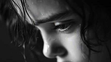 Poster - Close-up portrait of thoughtful child with wet hair capturing deep emotions in black and white : Generative AI