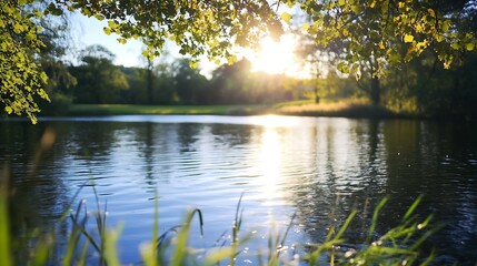 Aufkleber - Stunning Sunrise Reflected on Calm Lake Surrounded by Lush Greenery : Generative AI