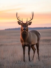 Poster - Majestic stag standing in a field during a serene sunset showcasing nature and wildlife beauty : Generative AI
