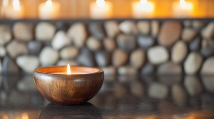Poster - Aromatic Wooden Bowl Candle Lit for Relaxation Set Against a Tranquil Natural Stone Background : Generative AI