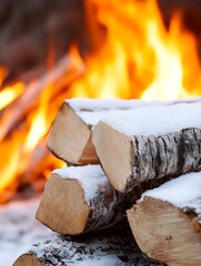 Poster - Warm Cozy Firewood Logs Near Bright Flame in Winter Setting : Generative AI