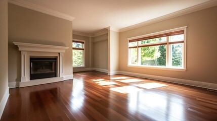 Poster - Spacious Living Room Bathed in Natural Light Featuring Warm Wooden Floors and Windows : Generative AI