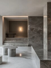 Poster - Modern Monochrome Interior Design Featuring Elegant Marble Accents and Subtle Lighting : Generative AI