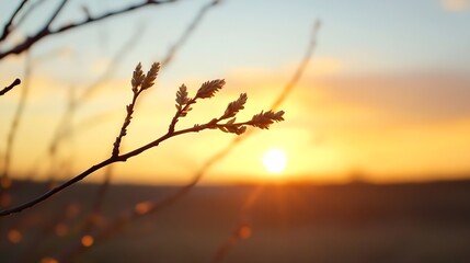 Canvas Print - Sunset Silhouette of a Branch with Tender Leaves Against a Colorful Sky : Generative AI