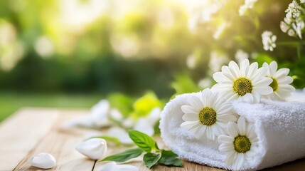Poster - Spa Essentials with White Towels and Daisies Surrounded by Green Nature : Generative AI