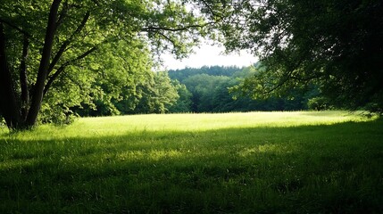 Poster - Serene Summer Meadow with Lush Green Grass and Dense Forest Backdrop : Generative AI