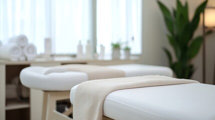 Aufkleber - Relaxing interior of a spa room with massage tables and natural light streaming in : Generative AI