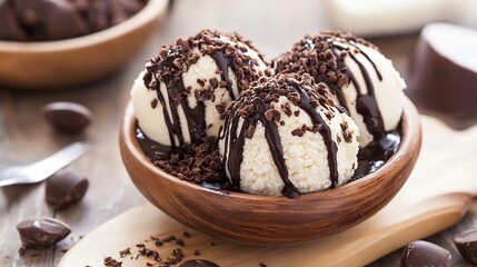 Poster - Delicious Chocolate Drizzle Ice Cream in Wooden Bowl on Table : Generative AI