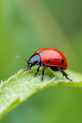 Poster - Close Up of a Bright Red Ladybug on Green Leaf in Nature's Beautiful Environment : Generative AI