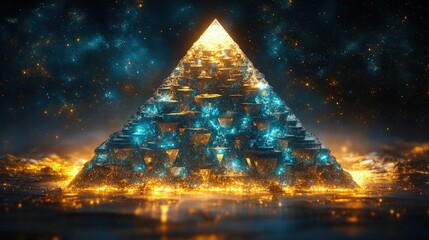Poster - Abstract Geometric Pyramid Glowing with Digital Light on a Dark Background with Geometric Patterns Artificial Intelligence Concept Design