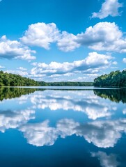 Poster - Stunning Reflection of Clouds Over Serene Lake Surrounded by Lush Green Forest : Generative AI