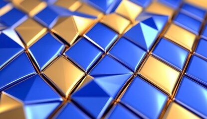 Poster - Abstract background of blue and gold metallic pyramids, close up view, geometric shapes, shiny surface, 3D render, luxury texture, elegant pattern
