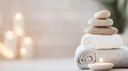 Aufkleber - Calming Spa Setup with Stacked Towels and Stones on Soft Surface : Generative AI