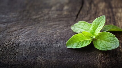 Poster - Fresh Green Mint Leaves on a Rustic Wooden Table : Generative AI