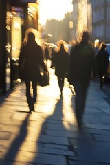 Poster - Blurred Urban Street Scene with Silhouettes of People at Sunset in City : Generative AI