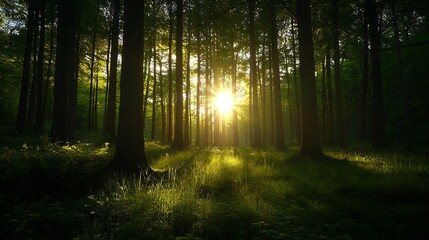 Poster - Sunlight Streaming Through Lush Forest Trees Creating Picturesque Natural Scene : Generative AI