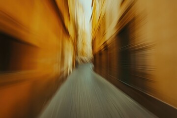 Poster - Camera glides through a blurred city alley with warm tones and historic architecture, Abstract of a camera moving through the city buildings ing