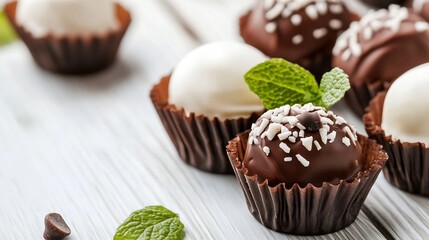 Poster - Delicious Chocolate and White Cream Truffles Decorated with Mint Leaf on Rustic Wooden Table : Generative AI