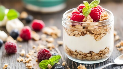 Poster - Delicious Healthy Yogurt Parfait with Fresh Raspberries and Granola on Rustic Wooden Table : Generative AI