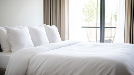 Aufkleber - Cozy Modern Bedroom with Luxurious White Bedding and Natural Light Streaming Through Large Windows : Generative AI