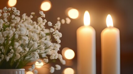 Poster - Elegant Still Life of White Flowers in a Vase Next to Sparkling Candles Creating a Cozy Atmosphere : Generative AI