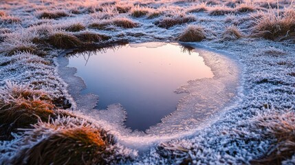 Poster - frozen puddle in midst of frosty field reflects soft hues of morning light creating serene and minimalistic image with
