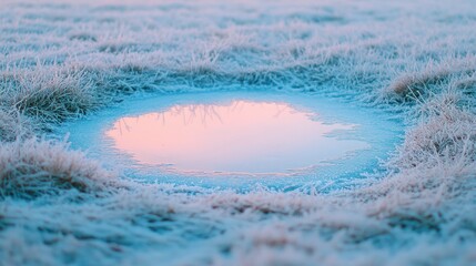 Poster - frozen puddle in midst of frosty field reflects soft hues of morning light creating serene and minimalistic image with