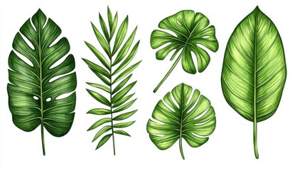 Poster - Collection of tropical leaves, including monstera deliciosa and palm leaves, illustrated in shades of green on a white background. Detailed botanical