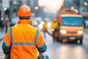 Poster - street cleaning crew in action framed against dynamic urban background with blurred traffic and pedestrians offering