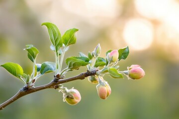 Poster - tree branch with fresh buds glowing under soft daylight surrounded by blurred natural background