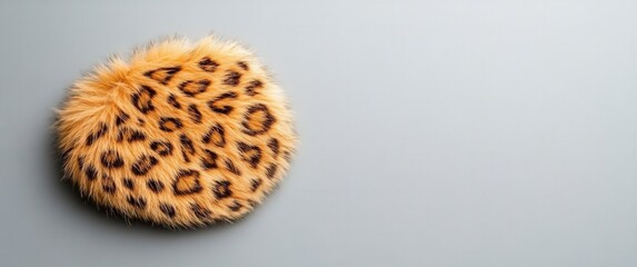 Poster - Tan fuzzy round object with leopard print pattern on light gray background. Close up, simple composition, soft texture, copy space