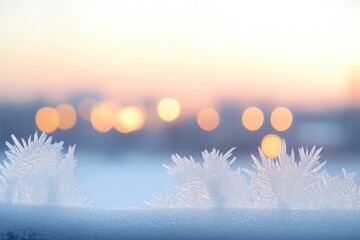 Poster - frosty patterns on car window glowing in soft morning sun with blurred city lights in background