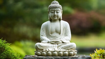 Aufkleber - Serene Stone Buddha Sculpture Surrounded by Lush Greenery in Tranquil Setting : Generative AI