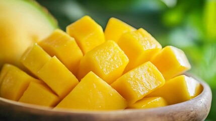 Poster - Fresh Juicy Mango Cubes on a Wooden Bowl Surrounded by Lush Greenery : Generative AI