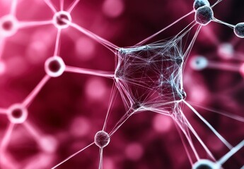 Poster - microscopic view of interconnected nodes and a central structure, rendered in shades of pink and whi