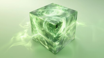 Poster - Transparent Green Tech Cube with Swirling Patterns and Glow Effect
