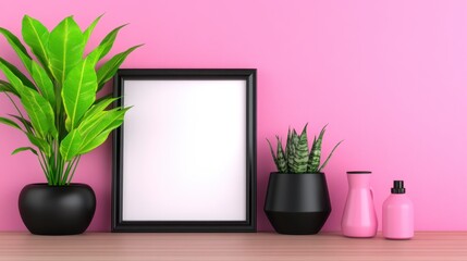 Poster - Black frame mockup with green plants and pink bottles on wooden surface against a pink wall. Minimalist home decor scene