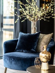 Wall Mural - Stylish Blue Velvet Chair with Elegant Cushions and Decorative Branches in Modern Setting : Generative AI