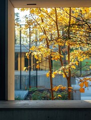 Aufkleber - Modern Architecture Framed by Autumn Leaves with Natural Light : Generative AI