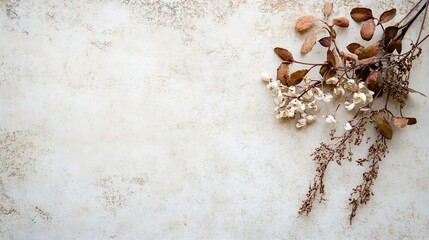 Fototapete - Artistic flat lay of dried leaves and flowers arranged on a textured background for natural beauty : Generative AI