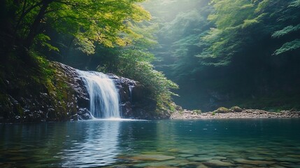 Poster - Serene Waterfall Cascading Down Rocks Surrounded by Lush Greenery and Foggy Forest : Generative AI