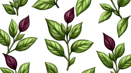 Poster - Seamless pattern of stylized green leaves and dark purple buds on white background. Detailed botanical illustration with a vintage aesthetic