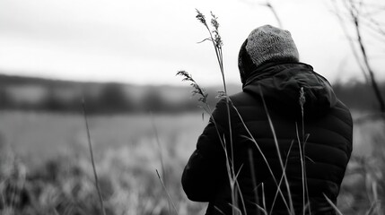 Poster - Pensive Figure in Dark Jacket Gazes at Serene Landscape in Black and White : Generative AI