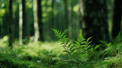 Poster - Lush Green Ferns in a Sunlit Forest Creating a Calm and Peaceful Atmosphere : Generative AI