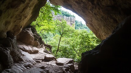 Aufkleber - Beautiful View Through Cave Opening Surrounded by Lush Green Trees in Scenic Nature : Generative AI