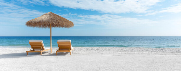 A tropical beach setting with two wooden beach loungers , sun beds or chaise lounges, positioned under a traditional thatched beach umbrella or parasol,loungers  wooden , white cushions on them.