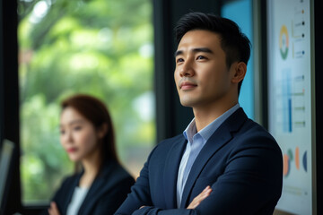Poster - man and a woman are standing in front of a wall with a lot of graphs. The man is wearing a suit and the woman is wearing a dress. They both look serious and focused