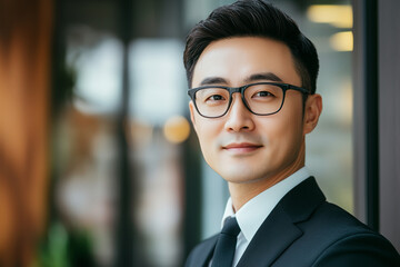 Poster - man wearing glasses and a suit is smiling for the camera. he looks confident and professional. conce
