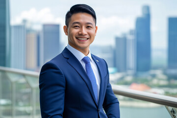 Poster -  man in a blue suit and tie is smiling and posing for a photo. The image has a professional and confident mood, as the man is dressed in a suit and tie, which is typically worn in formal settings